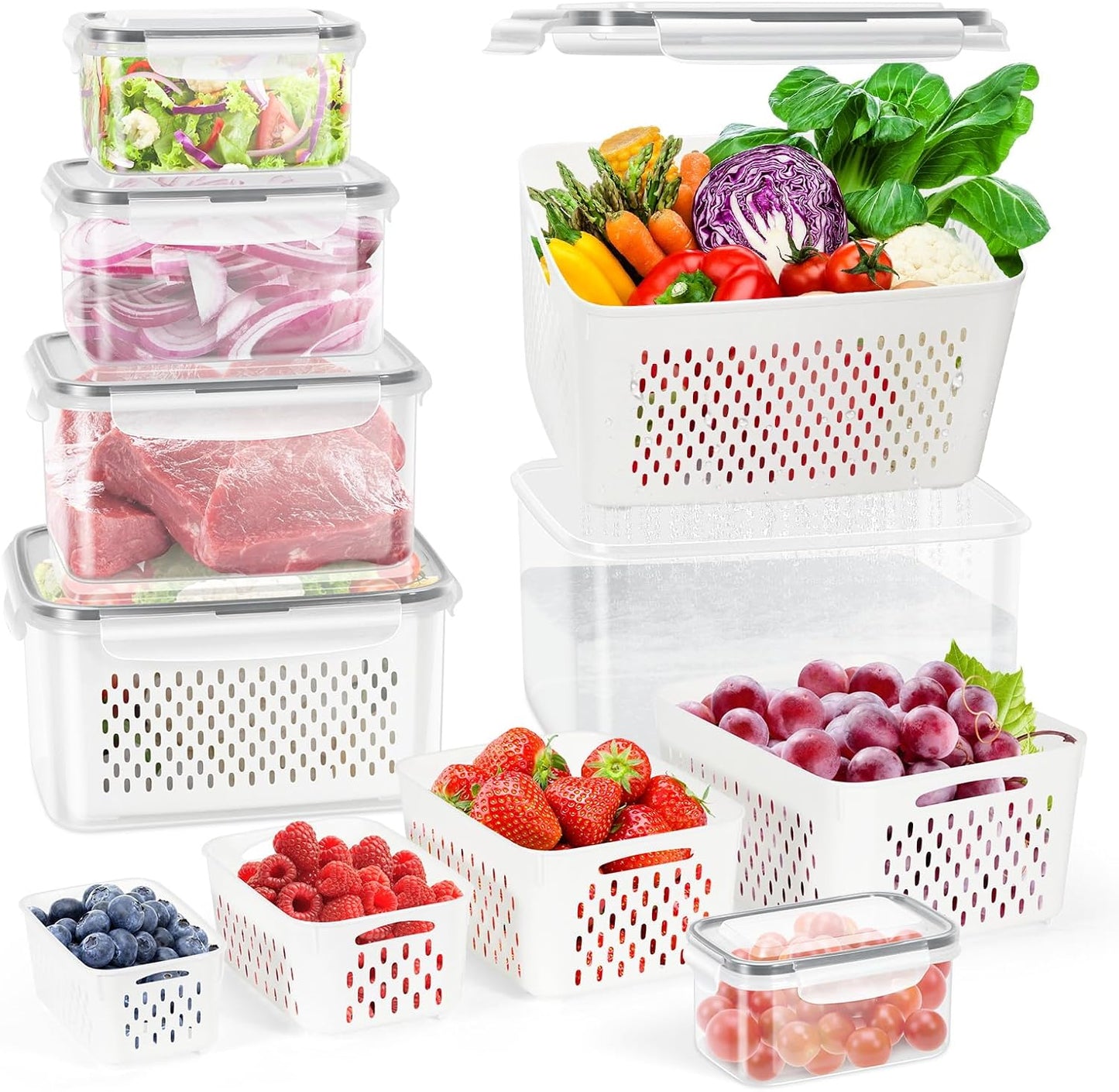 12 Pieces Fruit Storage Containers For Fridge, 6 Pack BPA-Free Fresh Food Containers with Removable Colanders and Airtight Lids, Fresh for Fruit Berry Produce Vegetable, Dishwasher & Microwave Safe
