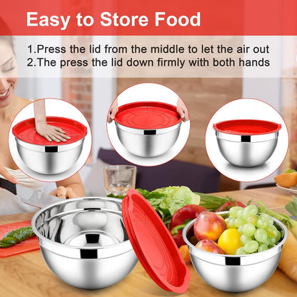 E-far Mixing Bowls with Lids, 6-Piece Stainless Steel Salad Bowls Metal Nesting Bowls for Baking Cooking and Prepping, Airtight Lids & Stackable Design, Size 4.5, 3, 1.5 QT (Black)