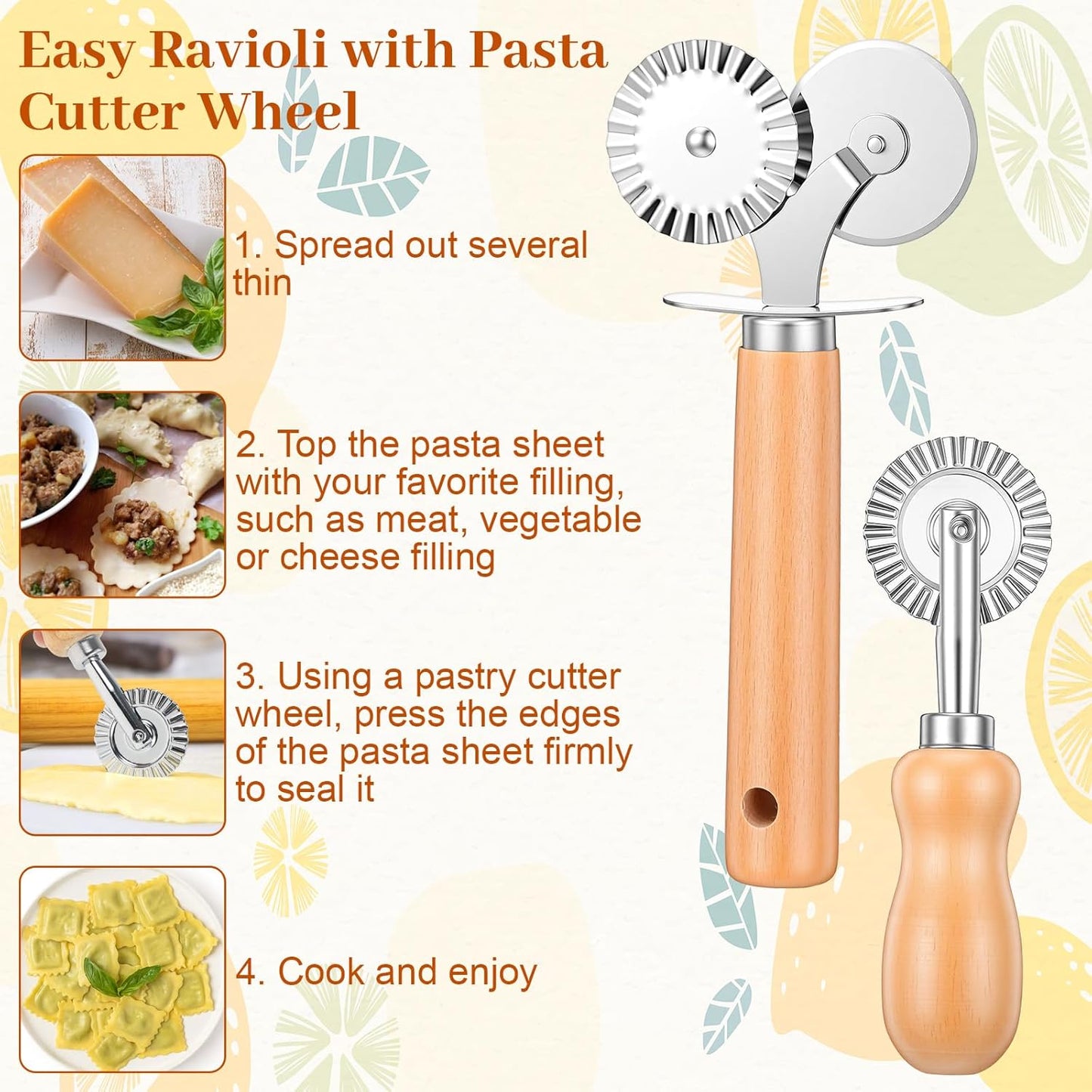 Qianyu 2 Pcs Double Fluted Pasta Cutter Pastry Wheel Cutter Stainless Steel Ravioli Crimper Edge Cheese Slicers Wheel with Wooden Handle for Home Kitchen Making Pastry Pizza Cookie Pasta Tools