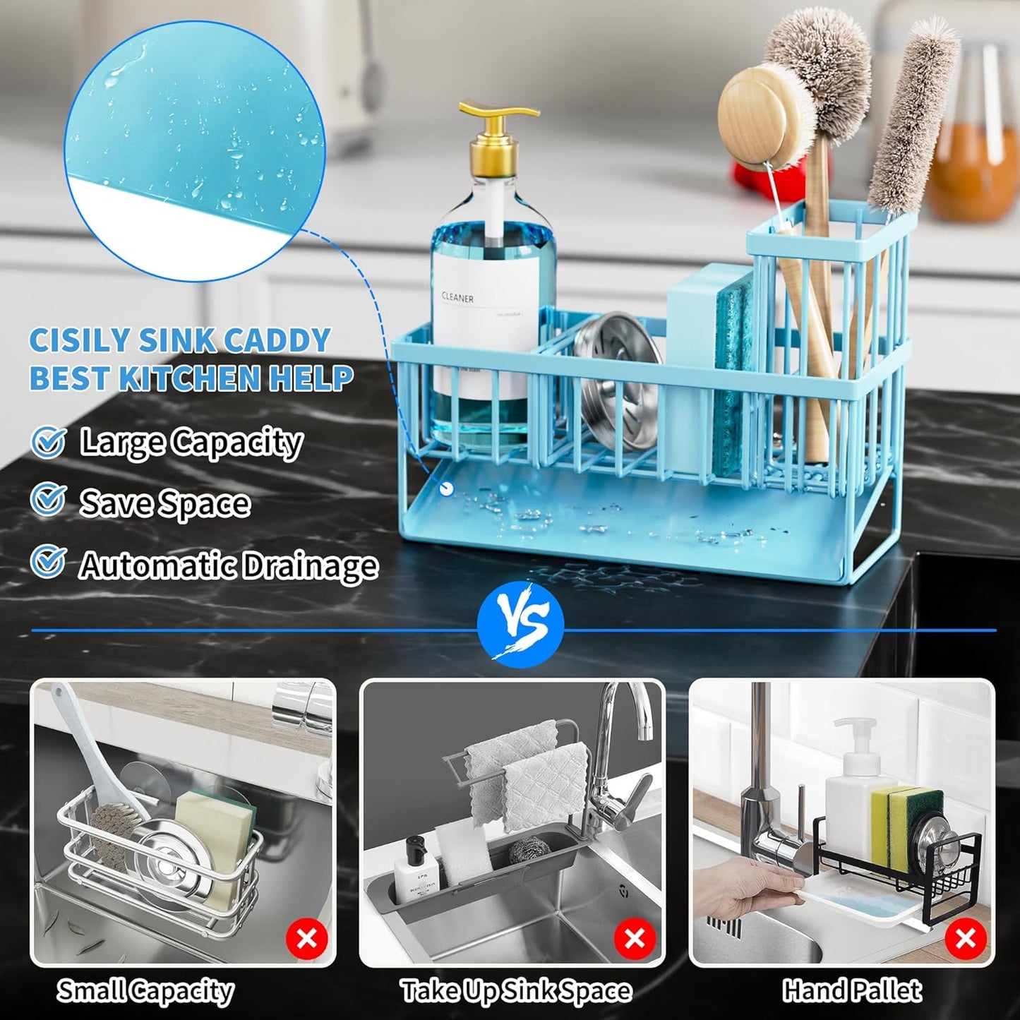 Cisily Sink Caddy Sponge Holder for Kitchen with Brush Holder and Stainless Steel Self Drain Tray, Rustproof Kitchen Sink Organizer for Sponge, Soap Dispenser Storage Accessories