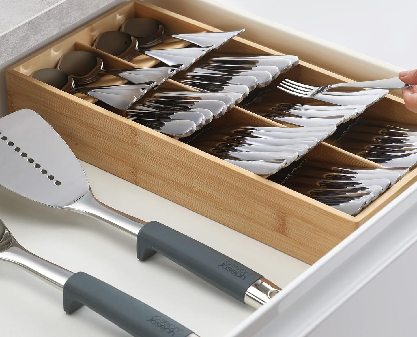 Joseph Joseph DrawerStore Compact Utensil Organizer For Kitchen Drawer Silverware, Flatware Tray, Small, Bamboo