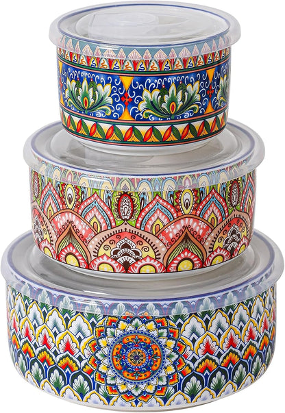 Henten Home Ceramic Serving Bowls with Lid, Colorful Nesting Bowl Set of 3, Porcelain Boho Bowls for Prep, Food Storage, Meals, Microwave & Dishwasher Safe, 10/20/32 oz