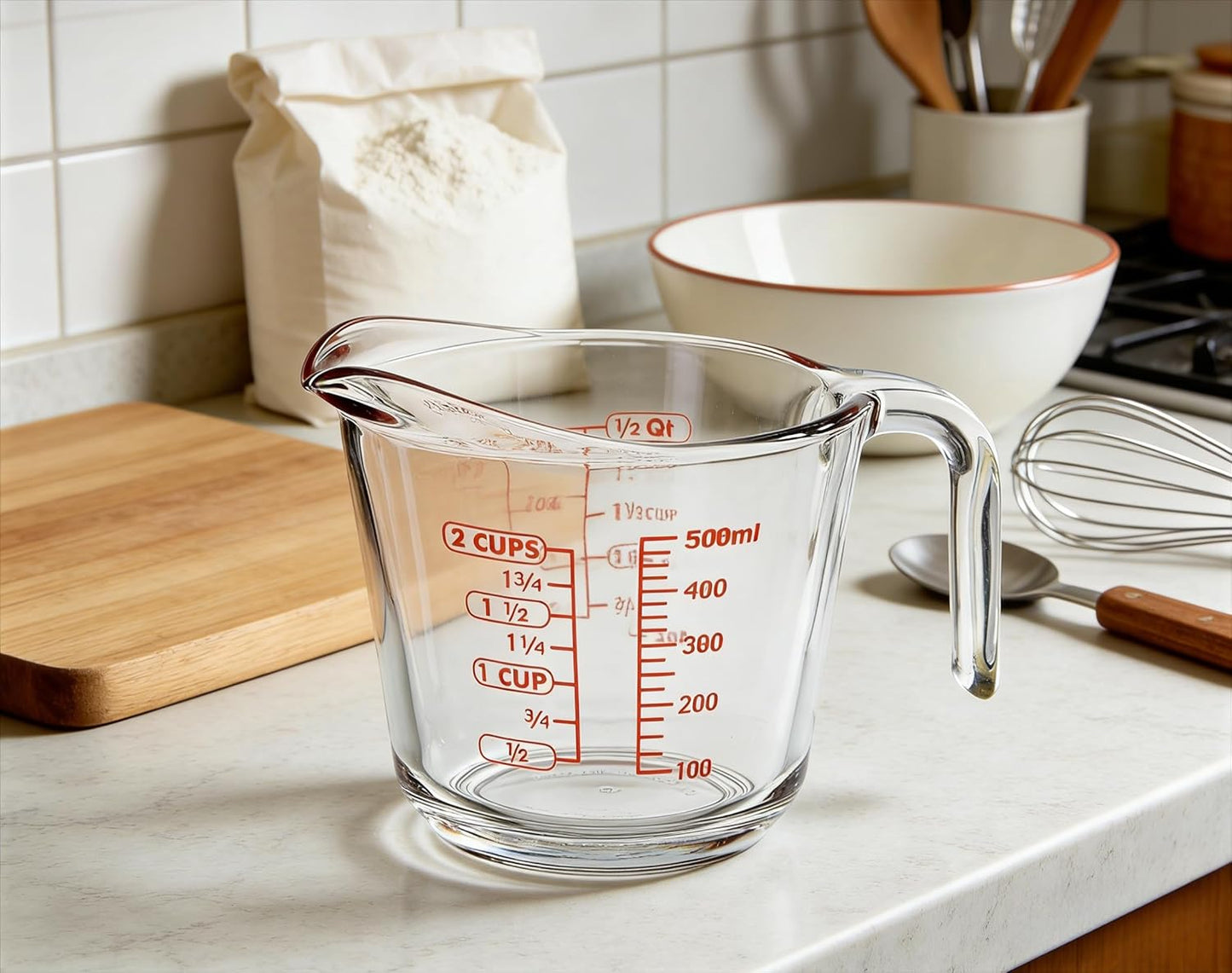 Glass Measuring Cup, 2 Cup, Glass Material, Heat Resistant, Microwave Oven Safe, Dishwasher Safe, with Spout, Easy Pour, 16 oz, Clear, for Baking Cooking Liquid