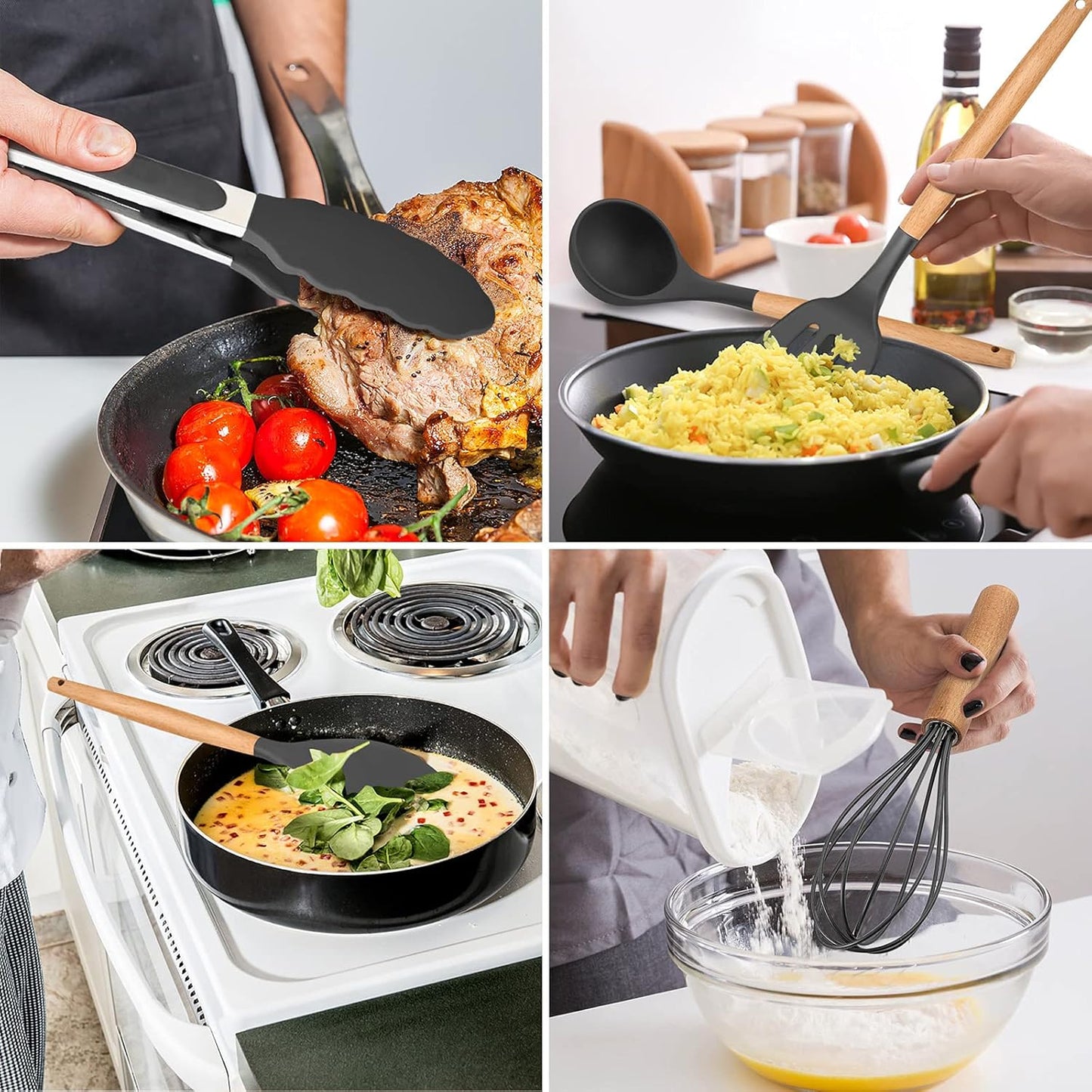E-far Cooking Utensils Set of 6, Silicone Kitchen Utensils with Wooden Handle, Non-stick Cookware Friendly & Heat Resistant, Includes Spatula/Ladle/Slotted Turner/Serving Spoon/Spaghetti Server(Khaki)