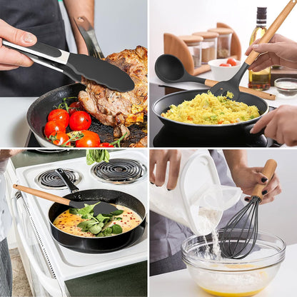 E-far Cooking Utensils Set of 6, Silicone Kitchen Utensils with Wooden Handle, Non-stick Cookware Friendly & Heat Resistant, Includes Spatula/Ladle/Slotted Turner/Serving Spoon/Spaghetti Server(Khaki)