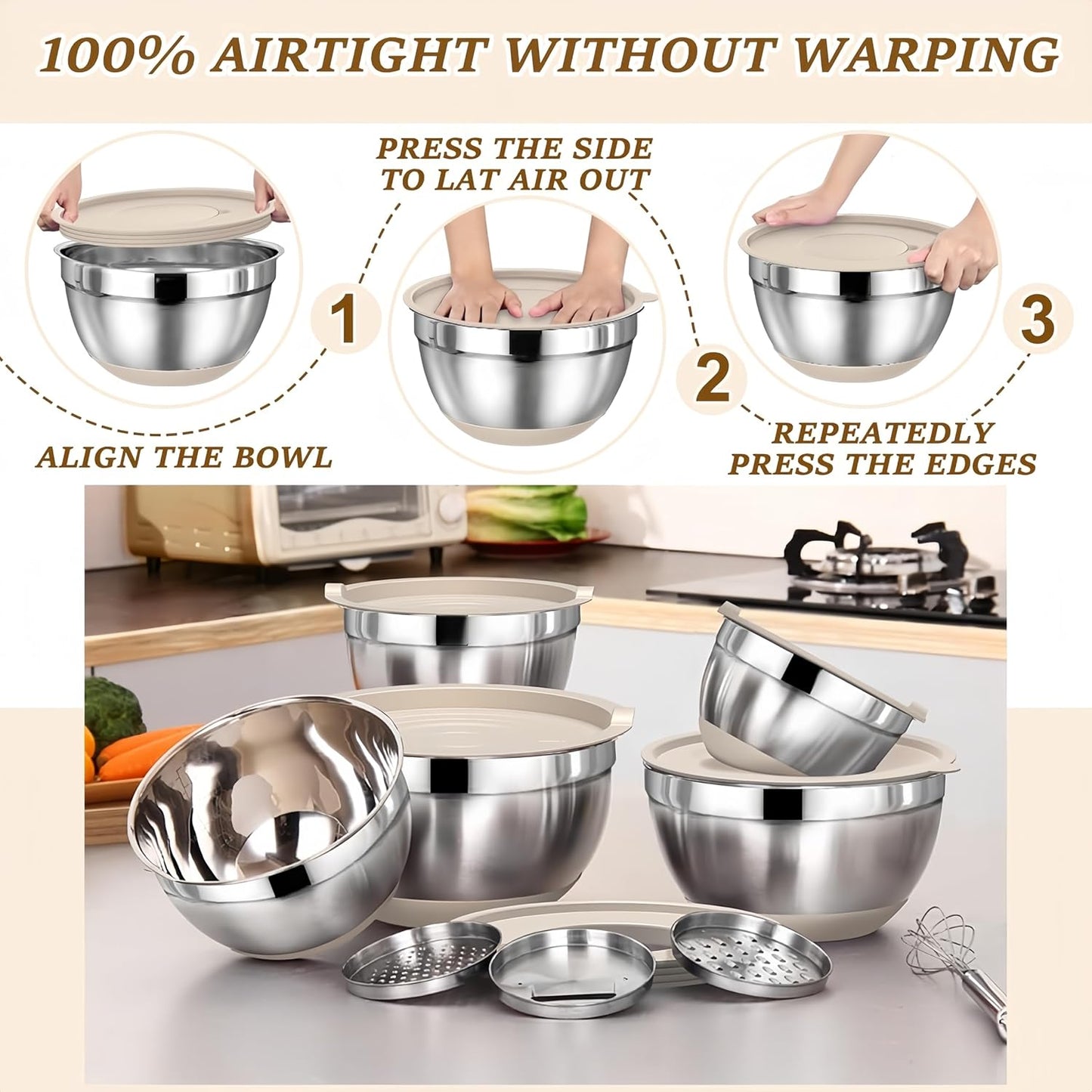 Mixing Bowls with Lids Set,7PCS Stainless Steel Bowls with 3 Grater Attachments and Measuring Spoons,Ideal for Kitchen Cooking & Serving,Non-slip Bottoms Size 6, 4, 3, 2.1,1.5,1,0.63QT (Beige)