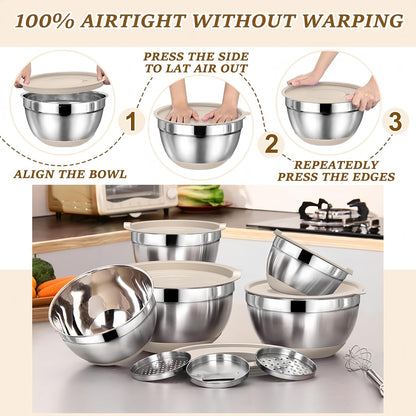 Mixing Bowls with Lids Set,7PCS Stainless Steel Bowls with 3 Grater Attachments and Measuring Spoons,Ideal for Kitchen Cooking & Serving,Non-slip Bottoms Size 6, 4, 3, 2.1,1.5,1,0.63QT (Beige)