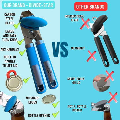 Manual Can Opener for Seniors Easy-Turn Knob, Cleaner Edge Cutting, Magnetic Lid Lifter, Heavy-Duty Carbon Steel Blade, Ergonomic Comfort Grip Blue