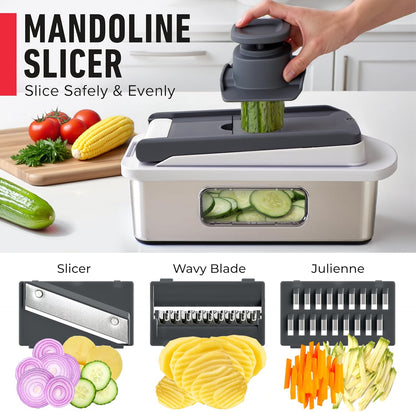 Mueller Pro-Series 10-in-1, 8 Blade Vegetable Chopper, Onion Mincer, Cutter, Dicer, Egg Slicer with Container, French Fry Cutter Potato Slicer, Home Essentials, Salad Chopper White Sand/Green