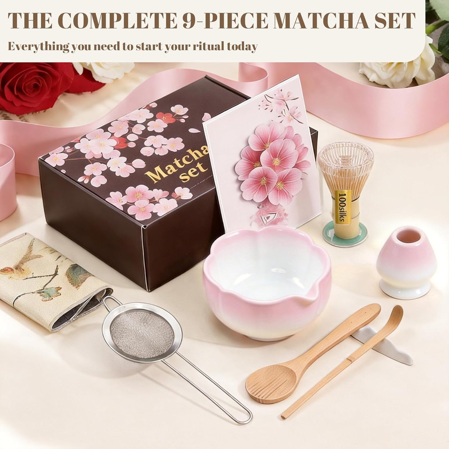 9 Pcs Matcha Set,Matcha Whisk Set,Matcha Kit,Complete Matcha Kit with Matcha Bowl,Whisk & Holder, Spoon/Scoop & Rester,Sifter & Tea Towel,Gifts for Women with Greeting Card (Cherry Blossom)
