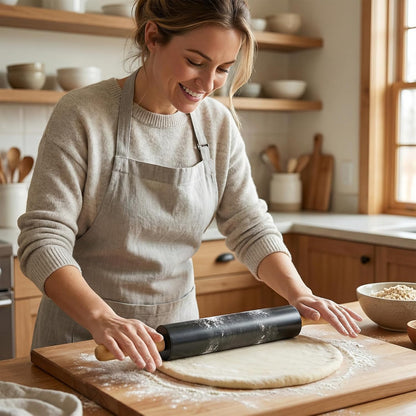 Stainless steel rolling pin by Tansucc, with wooden comfortable handle, non stick rolling pin for baking pastries, bread, and pizza.