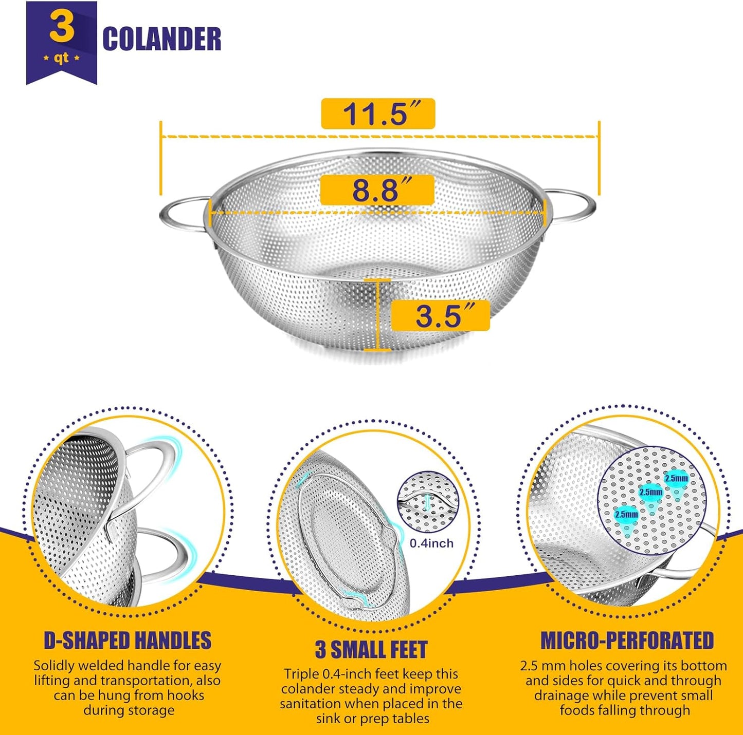 E-far Stainless Steel Colander Set of 3 (1-3-5Quart), Micro-Perforated Metal Colander Strainer with Handle for Kitchen/Draining Pasta/Rinsing Vegetables Fruits, Heavy Duty & Dishwasher Safe