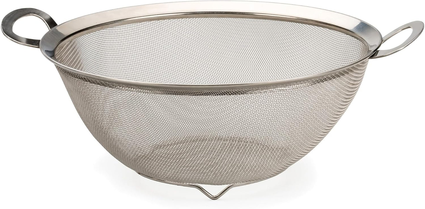 RSVP International Mesh Colander Strainer Basket with Folding Handles, 3 Quarts | For Pasta, Frying, & Salads | Dishwasher Safe | Use in Pressure Cookers | Steaming, Draining & Rinsing