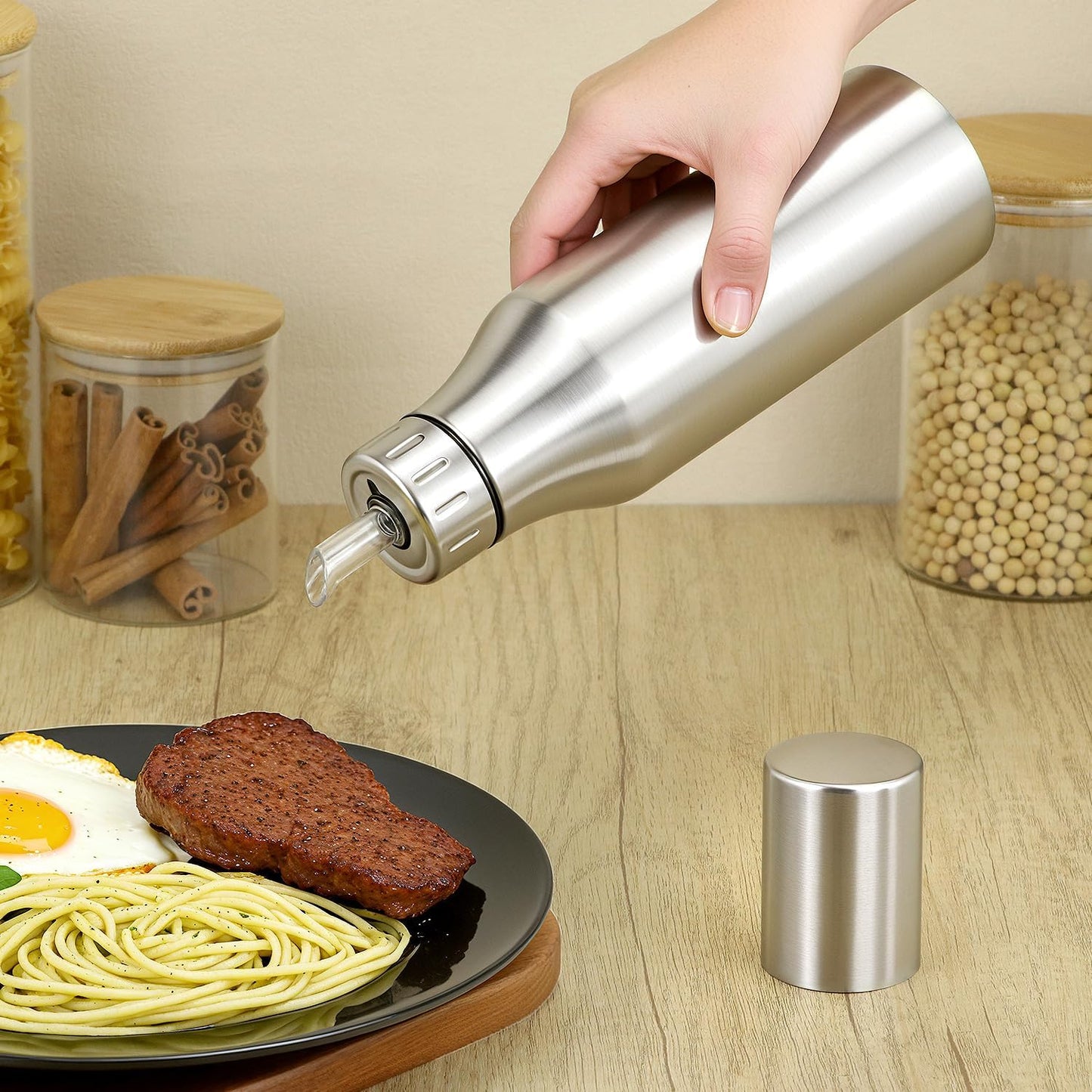 QWORK 304 Stainless Steel Olive Oil Dispenser Bottle, 25oz Oil Decanter with Easy Pour Spout, Anti-Drip Design, 750ml Oil Cruet for Kitchen Cooking & Salad Dressing, 2.9W x 10.2H