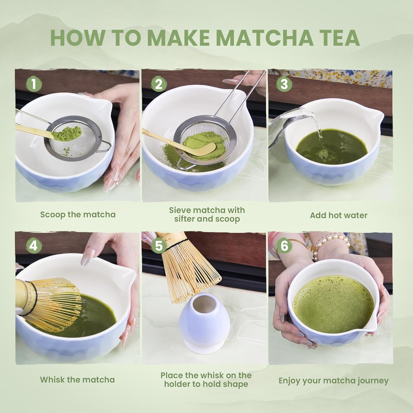 Matcha Whisk Set – Ceramic Matcha Bowl with Pour Spout, Bamboo Whisk, Whisk Holder, Scoop, Sifter – Japanese Matcha Kit for Beginners (Blue)
