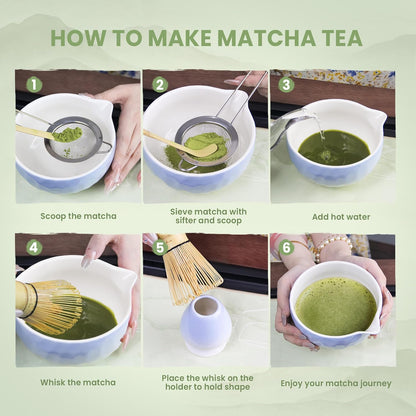 Matcha Whisk Set – Ceramic Matcha Bowl with Pour Spout, Bamboo Whisk, Whisk Holder, Scoop, Sifter – Japanese Matcha Kit for Beginners (Blue)