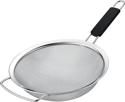 9" Large Fine Mesh Strainer with Thermo Plastic Rubber Handle - Sieve Fine Mesh Stainless Steel - Ideal Kitchen Essential to Strain Pasta, Quinoa and Rice