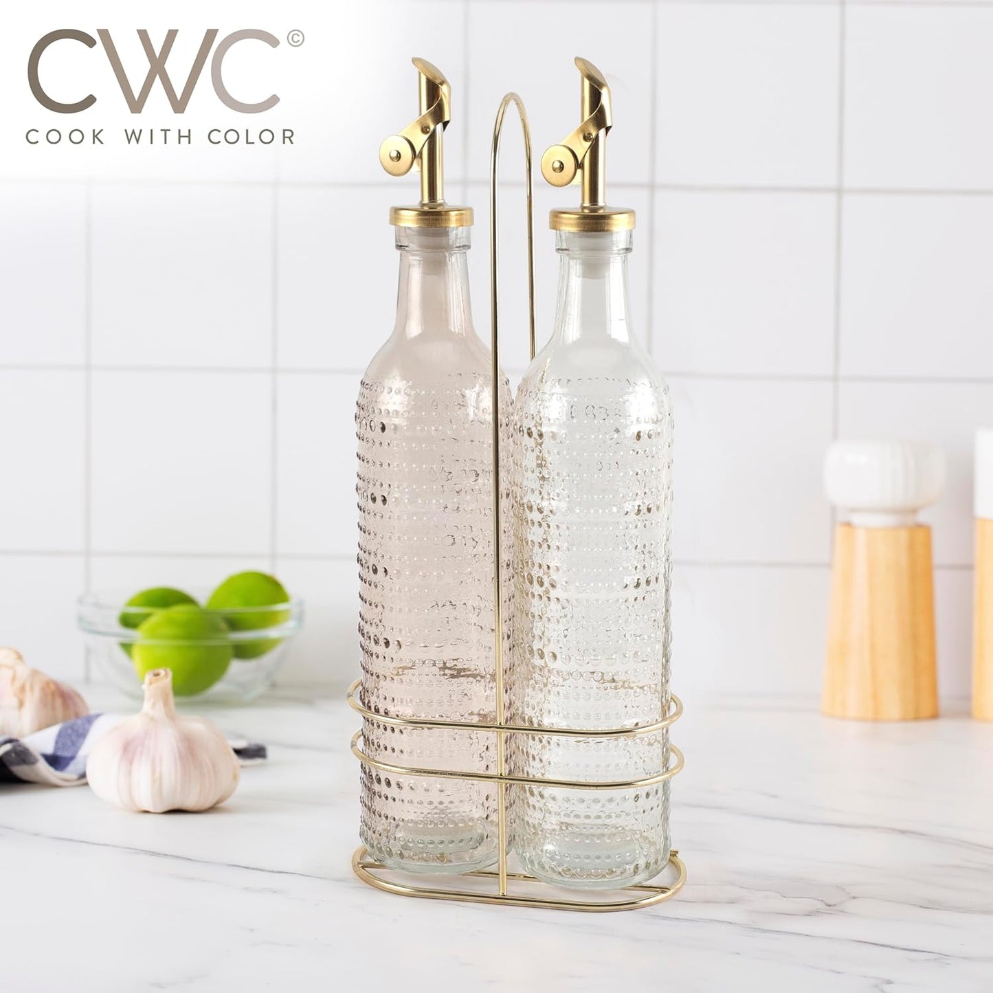 COOK WITH COLOR Glass Olive Oil Bottle Dispenser - 2 Pack- 17oz Oil and Vinegar Cruet - Olive Oil Carafe Decanter for Kitchen, Elegant Waves, Clear