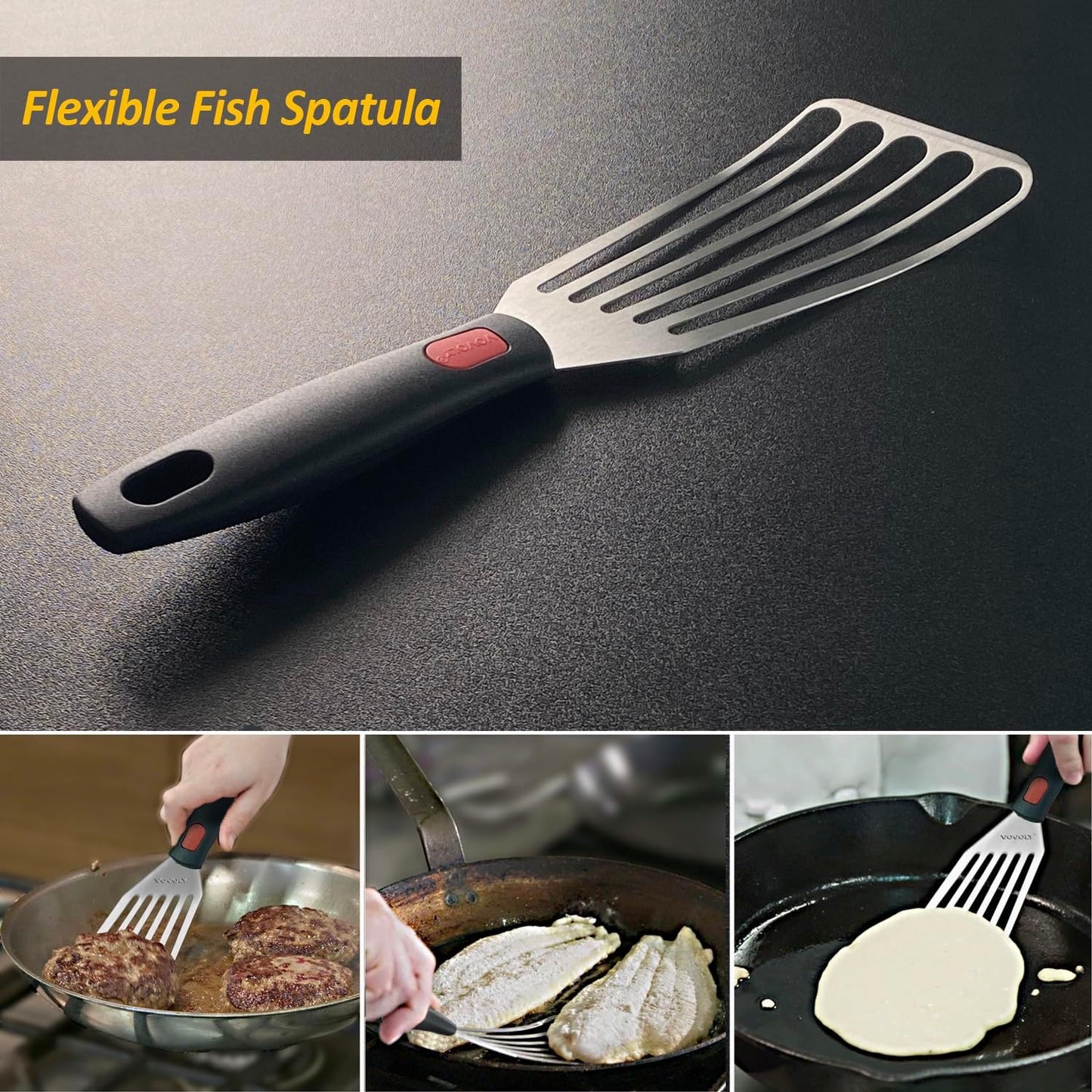Stainless Steel Spatula Set with Heat Resistant Silicone Handle, VOVOLY Metal Spatulas For Kitchen Use, Thickened Smash Burger Spatula, Fish Flipper, Bench Scraper