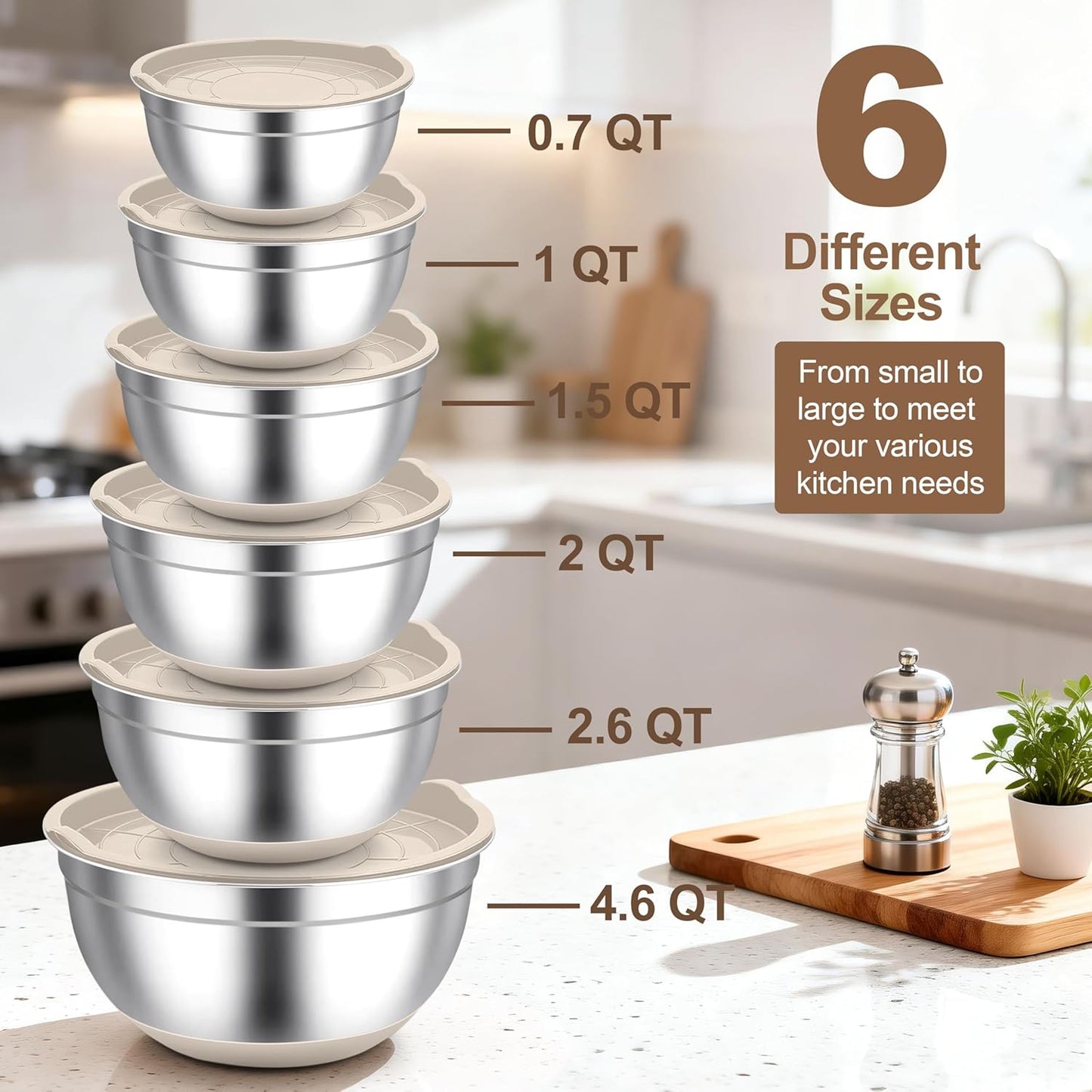 TeamFar Mixing Bowls, Black Mixing Bowls with Lids Set, Stainless Steel Nesting Salad Bowl with Air-tight Lid & Silicone Bottom, Non Slip & Stackable - Set of 6-4.6/2.6/2 / 1.5/1 / 0.7 Qt