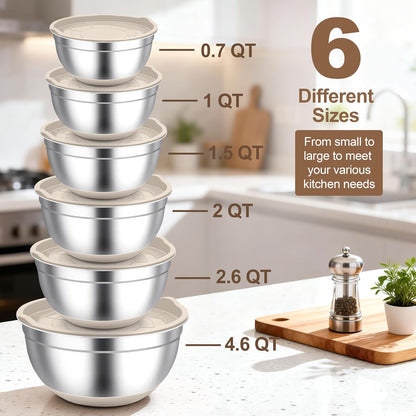 TeamFar Mixing Bowls, Black Mixing Bowls with Lids Set, Stainless Steel Nesting Salad Bowl with Air-tight Lid & Silicone Bottom, Non Slip & Stackable - Set of 6-4.6/2.6/2 / 1.5/1 / 0.7 Qt