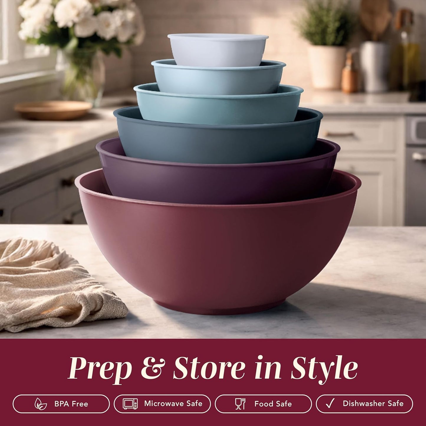 COOK WITH COLOR Mixing Bowls with Lids - 12 Piece Plastic Nesting Bowls Set includes 6 Prep Bowls and 6 Lids, Microwave Safe Mixing Bowl Set, Black Embossed - Colors A