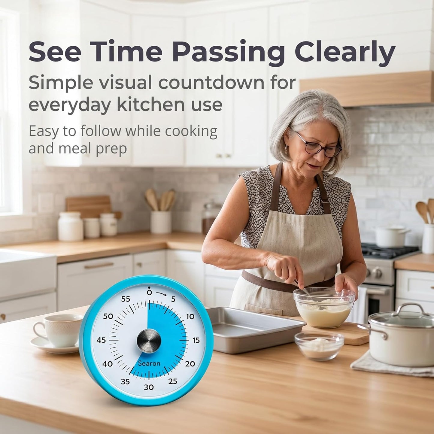 Searon Magnetic Visual Kitchen Timer, 60 Minute Countdown Timer with LED Alert, Turn the Dial to Start, No Winding Needed for Cooking, Baking, Meal Prep & Daily Kitchen Tasks (Blue)