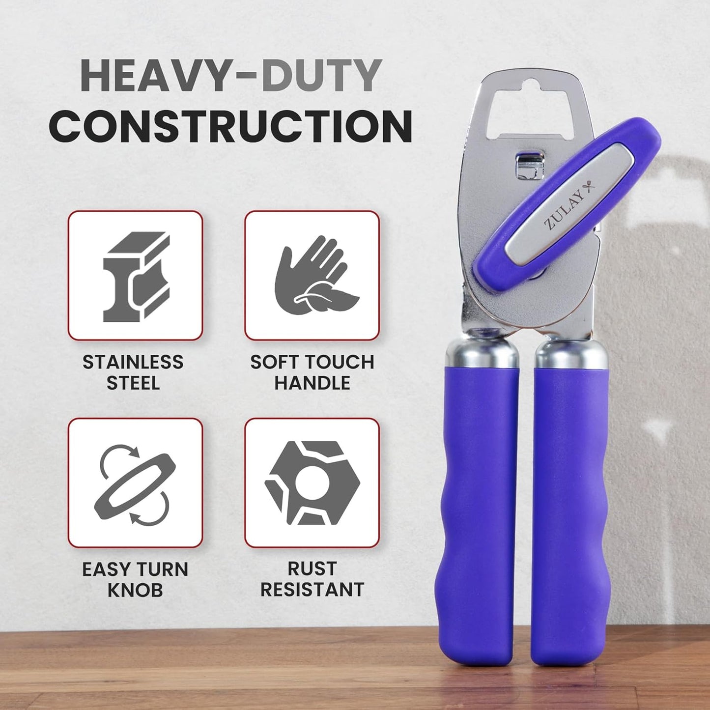Zulay Kitchen Heavy Duty Stainless Steel Can Opener Manual with Bottle Opener - Rust Proof Manual Can Opener With Turn Knob & Comfy Soft Grip Handles - Black