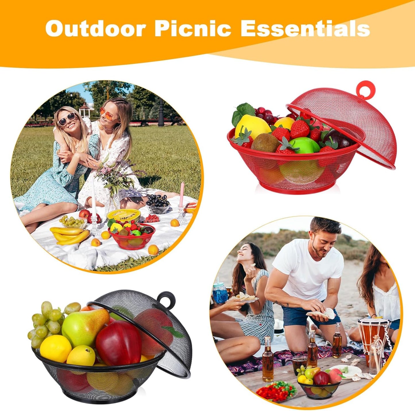 4 Pcs Mesh Food Cover with Lid, 10 Inch Iron Fruit Basket Fly Proof Strainer, Black and Red Metal Wire Container for Kitchen Countertop, Restaurant, Fruit Vegetable Storage