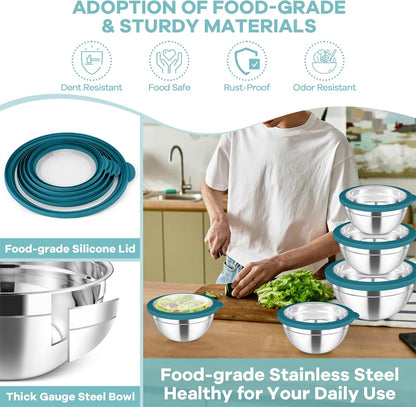 TeamFar Mixing Bowls, 4.5/3/1.5/1/0.7 QT Stainless Steel Nesting Salad Bowls with Visible Lids, For Serving/Mixing/Storing, Non-Toxic & Heavy Duty, Airtight & Easy Clean, Khaki, Set of 5