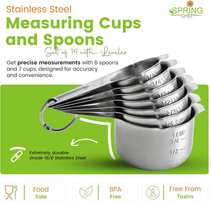 Spring Chef Stainless Steel Measuring Spoons Set of 7 with Leveler, Rectangular Metal Teaspoon & Tablespoon Measuring Spoons for Dry & Liquid Ingredients - Nesting Kitchen Gadgets For Baking & Cooking