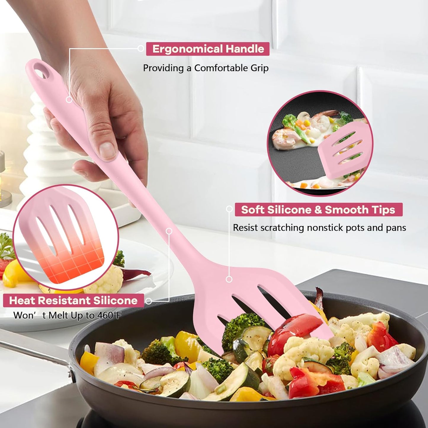 TeamFar Silicone Cooking Utensils, 10 pcs Kitchen Cooking Utensils Set, 446°F Heat Resistant Kitchen Gadgets Tools Set w/Spatula, Turners, Spoons, Soup Ladle, Pasta Server for Nonstick Cookware, Black