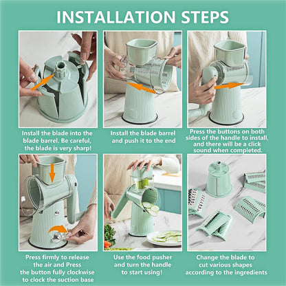 Rotary Cheese Grater with Handle: 5 in 1 Cheese Grater Hand Crank Cheese Shredder with Strong Suction Base Kitchen Vegetable Slicer with 5 Interchangeable Blades, Storage Box, White