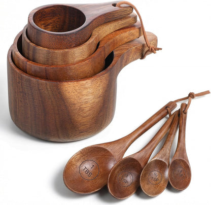 8 Pcs Wooden Measuring Cups And Spoons Set, Solid Acacia Wood, Laser Engraved Measurements, Nesting Design, Kitchen Accessories for Dry Ingredients, Baking and Cooking