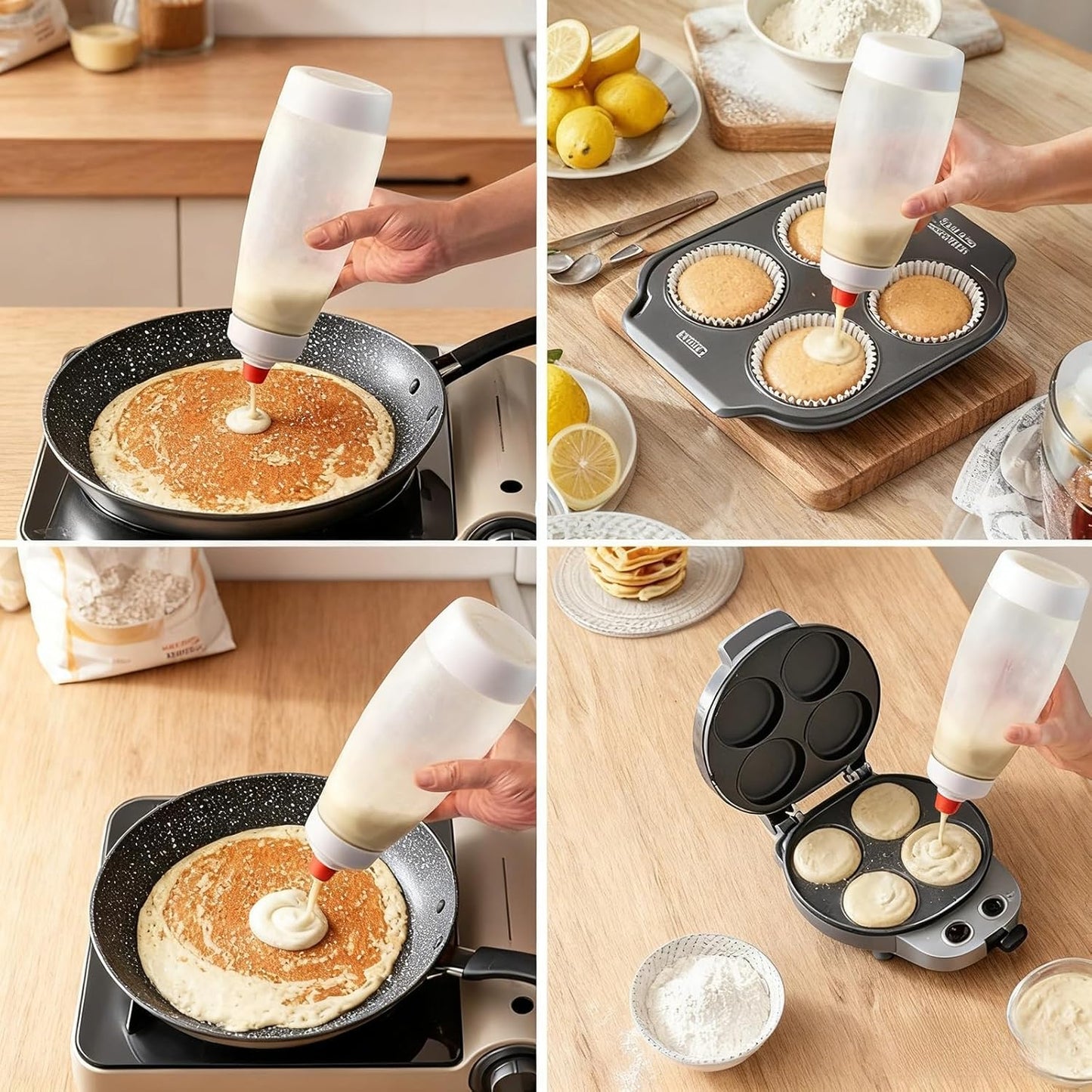 Pancake Batter Dispenser with Whisk Ball & Stand, 2-in-1 Pancake Mix Dispenser and Squeeze Bottle for Even Mixing and Precise Pouring, Essential Baking Tool for Pancakes, Crepes, Waffles (2PCS。)