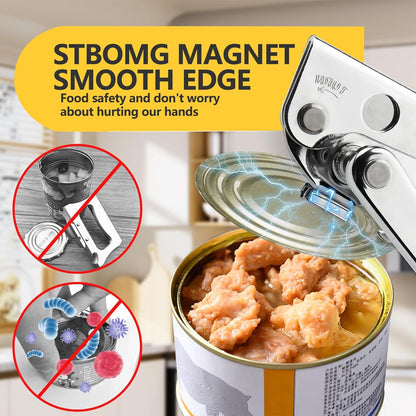 Commercial Heavy Duty Manual Can Opener for Seniors & Arthritis, Stainless Steel with Magnetic Lid Lifter, Smooth Edge Safe Cut, Open for Large Cans, Kitchen & Camping & Commercial with Bottle Opener