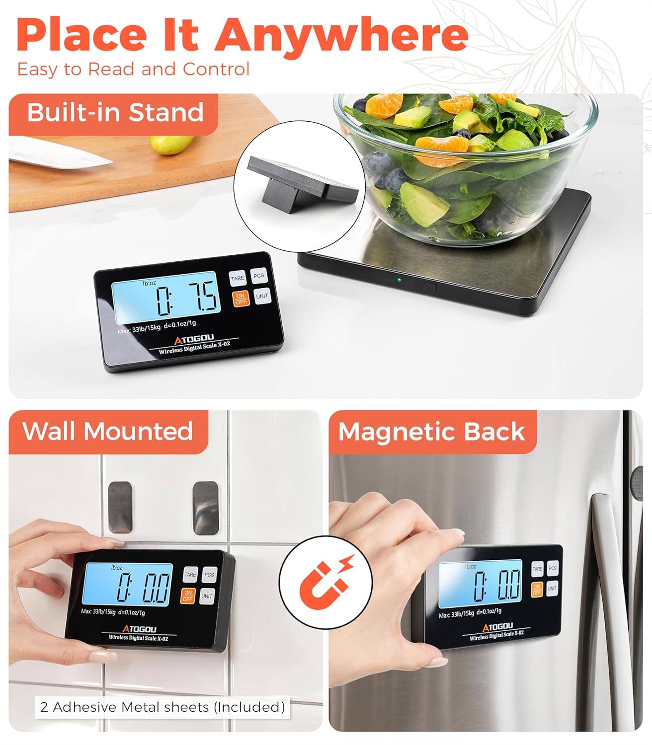 Atogou Upgraded Wireless Food Scale, 33lb/15kg Kitchen Scale with Detachable Display & Larger Platform, 0.1oz/1g, 9 Units, Counting Function, Stainless Steel, for Cooking, Baking, Shipping, Black