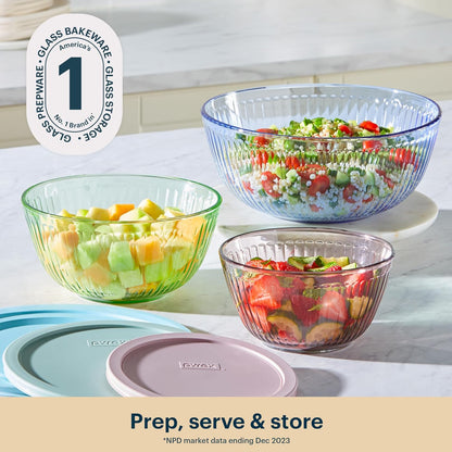 Pyrex Colors Tinted (3-Pack, Full Set) Sculpted Tinted Glass Mixing Bowls With Plastic Lids, Nesting Space Saving Set of Bowls For Prepping and Baking, 1.3QT, 2.3QT & 4.5QT