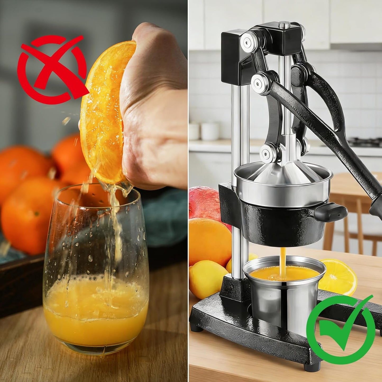 Cast Iron Citrus Juicer Hand Press, Heavy Duty Manual Orange Juicer Squeezer with 304 Stainless Steel Cup & Strainer, Lemon Grapefruit Pomegranate Press, Grey