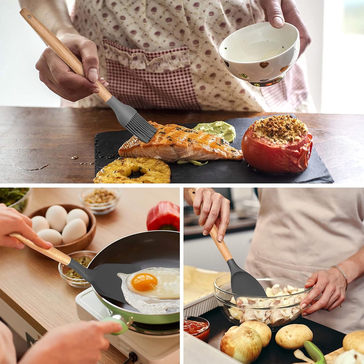 E-far Cooking Utensils Set of 6, Silicone Kitchen Utensils with Wooden Handle, Non-stick Cookware Friendly & Heat Resistant, Includes Spatula/Ladle/Slotted Turner/Serving Spoon/Spaghetti Server(Khaki)