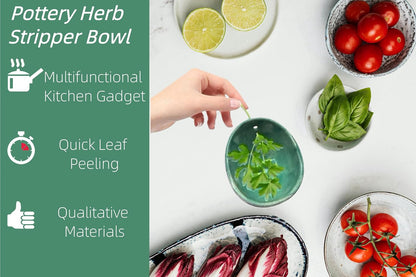 Pottery Herb Stripper Bowl – 4-Slot Herb Stripper for Kale, Herbs & Broccoli | Dishwasher-Safe, Ergonomic Design | Fast Leaf Removal, Space-Saving for Kitchens & RVs(Cyan)