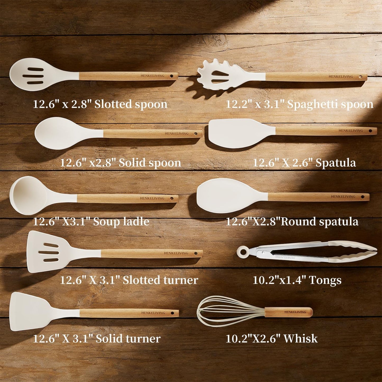 Silicone 10 Pcs Kitchen Cooking Utensils Set, Recycled Materials Certification, BPA Free Spatula Set with Heat Resistant Wood Handles for Nonstick Cookware, Cream White