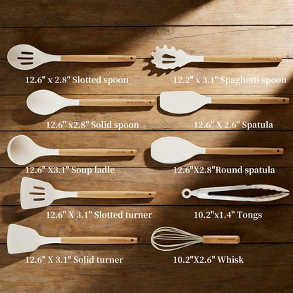 Silicone 10 Pcs Kitchen Cooking Utensils Set, Recycled Materials Certification, BPA Free Spatula Set with Heat Resistant Wood Handles for Nonstick Cookware, Cream White
