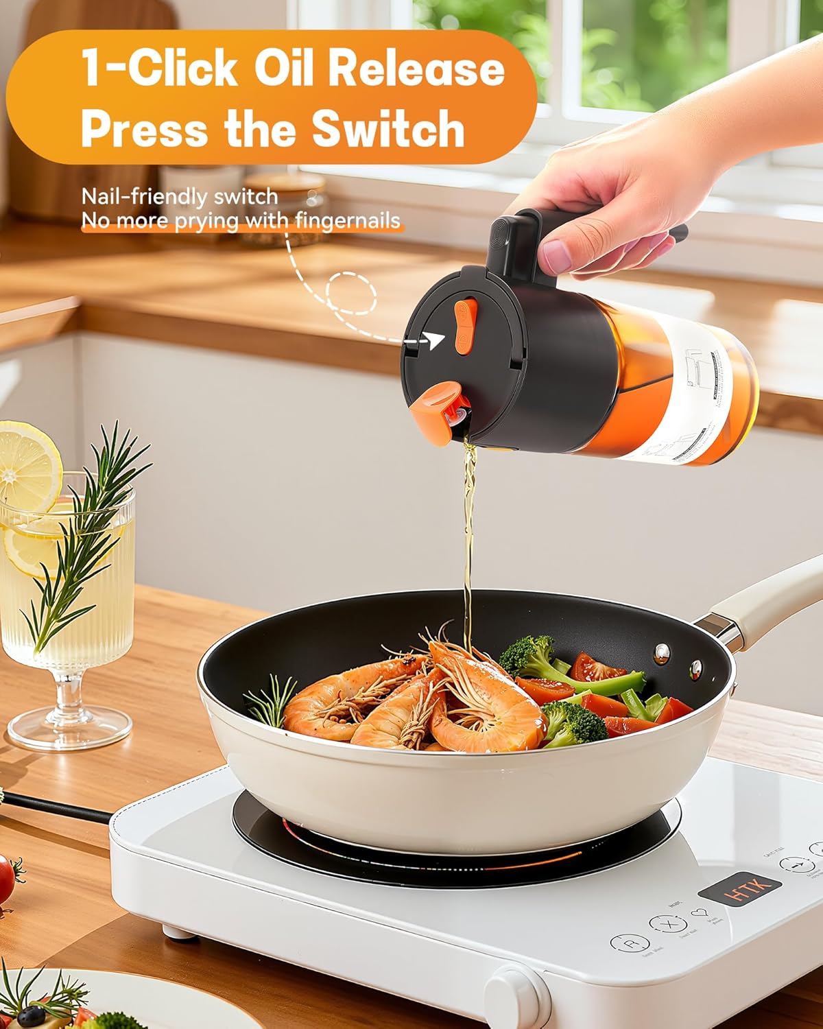 OURCABECUE Upgrade 2 in 1 Oil Sprayer for Cooking, 17oz Light-Blocking Glass Olive Oil Dispenser Bottle for Kitchen, Food-Grade Oil Mister with 8 Stickers for Salad, Frying (Green Bottle-Black Gap)