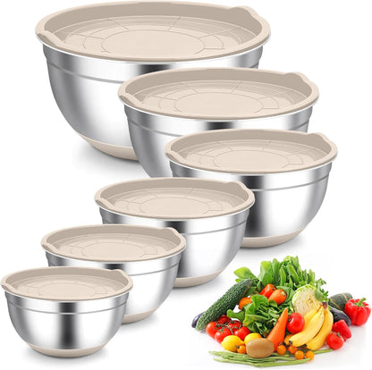 TeamFar Mixing Bowls, Black Mixing Bowls with Lids Set, Stainless Steel Nesting Salad Bowl with Air-tight Lid & Silicone Bottom, Non Slip & Stackable - Set of 6-4.6/2.6/2 / 1.5/1 / 0.7 Qt