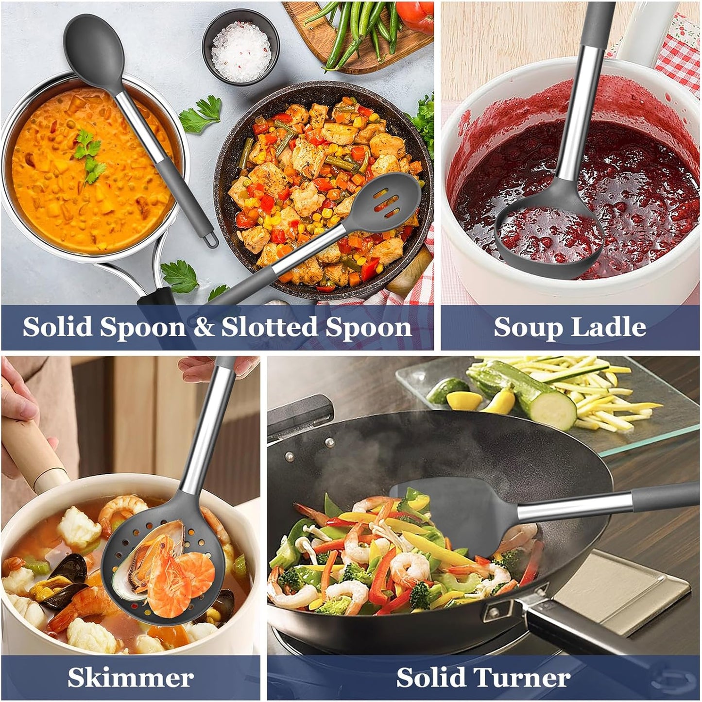 TeamFar Kitchen Utensils Set of 8, Silicone Utensils Kitchen Tools Set with Stainless Steel Handle, for Frying Serving Flipping Draining, Non-toxic & Heatproof, Nonstick & Dishwasher Safe - Black