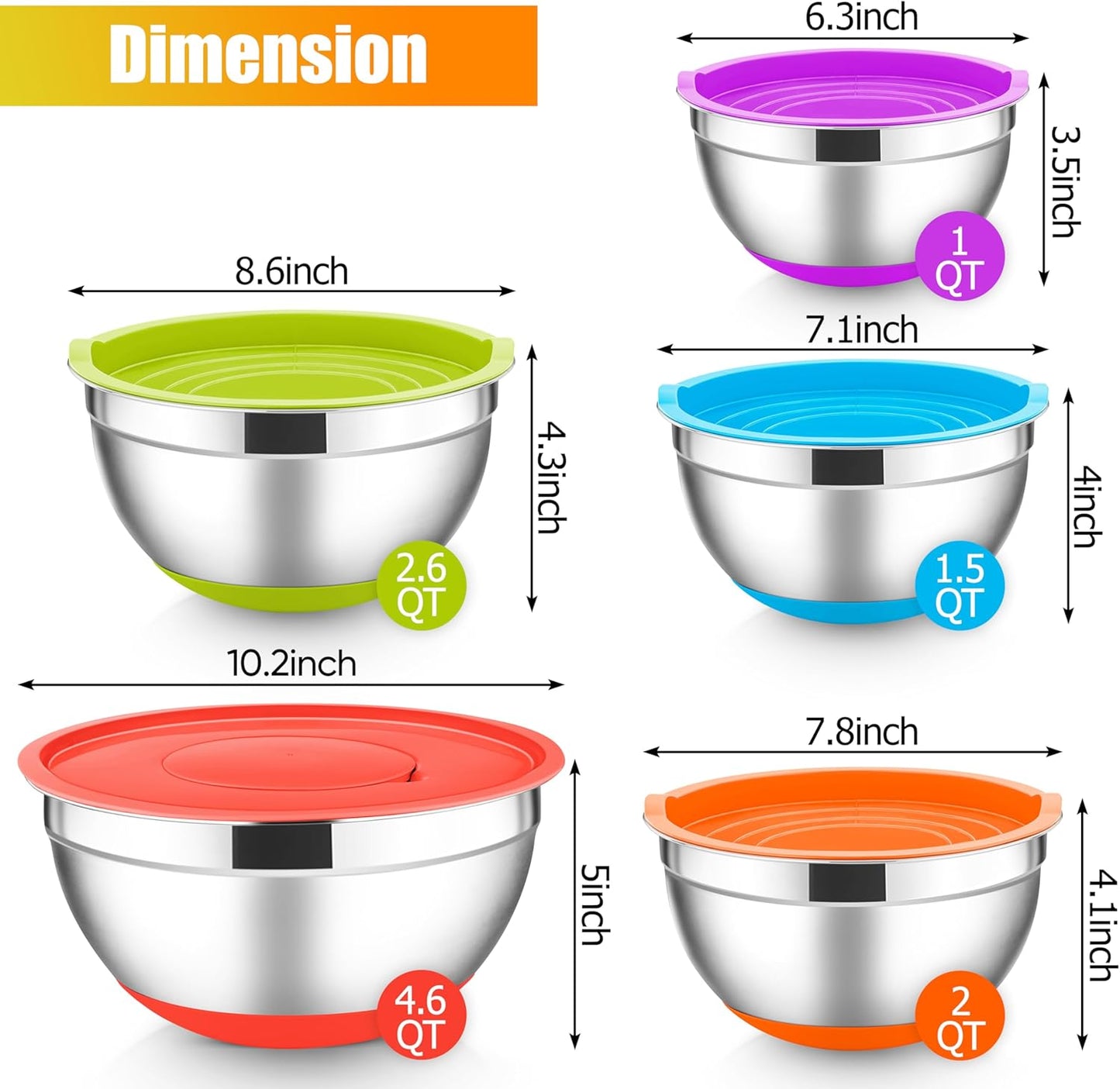 E-far Stainless Steel Mixing Bowls with Lids Set, 5-Piece Nesting Salad Bowls with 3 Grater Attachments and Non-Slip Bottoms, Size 4.6, 2.6, 2, 1.5, 1QT for Kitchen (Black)