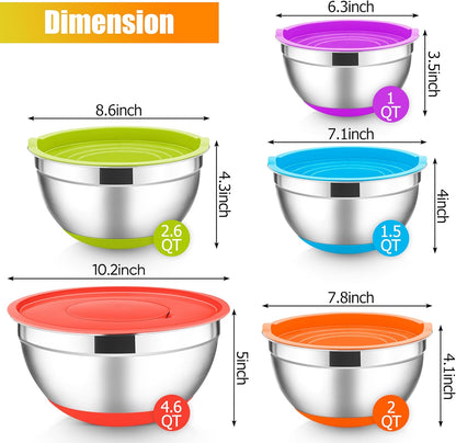 E-far Stainless Steel Mixing Bowls with Lids Set, 5-Piece Nesting Salad Bowls with 3 Grater Attachments and Non-Slip Bottoms, Size 4.6, 2.6, 2, 1.5, 1QT for Kitchen (Black)