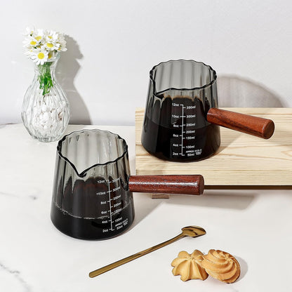Glass Measuring Cup, 12oz Pour Over Coffee Maker with Wood Handle, Creative V-Shaped Spout Creamer Milk Frothing Pitcher Coffee Carafe Server (2-Gray)