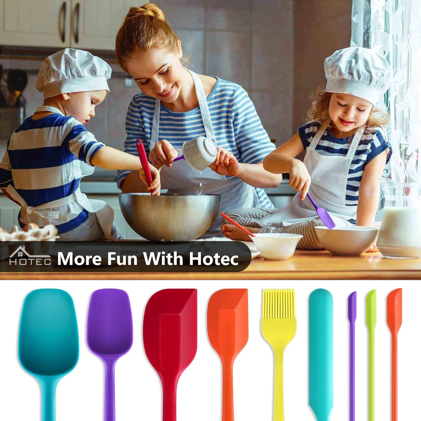HOTEC 600℉ Heat Resistant BPA-Free Silicone Rubber Spatula Set,Kitchen Cooking Spatulas, Baking, Mixing for Non Stick Cookware, Dishwasher Safe, Set of 5, Khaki